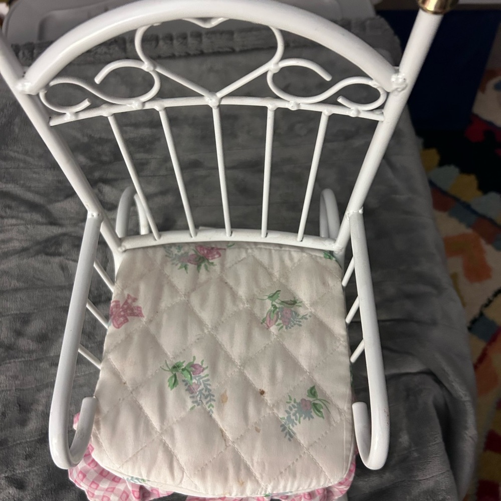 Rare Vintage White Metal Doll Rocking Chair with Floral Cushion